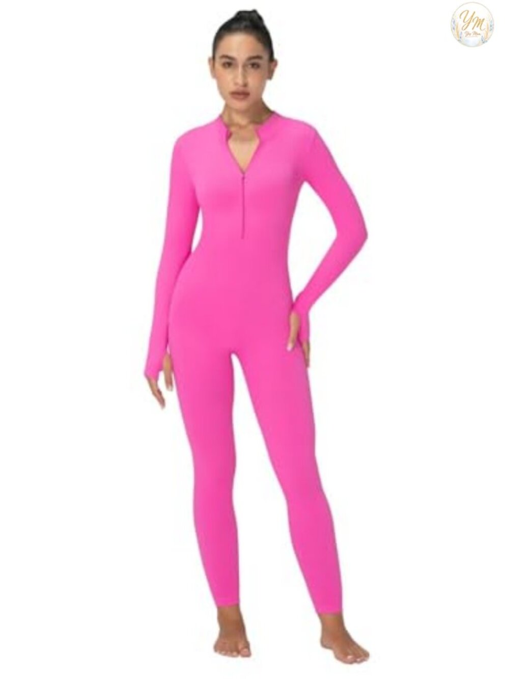 Ribbed Zip Front Yoga Jumpsuit with Thumbholes Womens One Piece